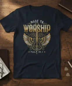 Made to Worship Psalm 95:1 t-shirt with gold guitar and wings graphic