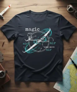 Dark t-shirt with "magic air air some more air" text and a glider airplane graphic, surrounded by swirling air currents