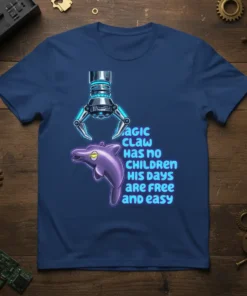 Magic Claw Has No Children His Days Are Free And Easy quote on a navy t-shirt with a purple dolphin