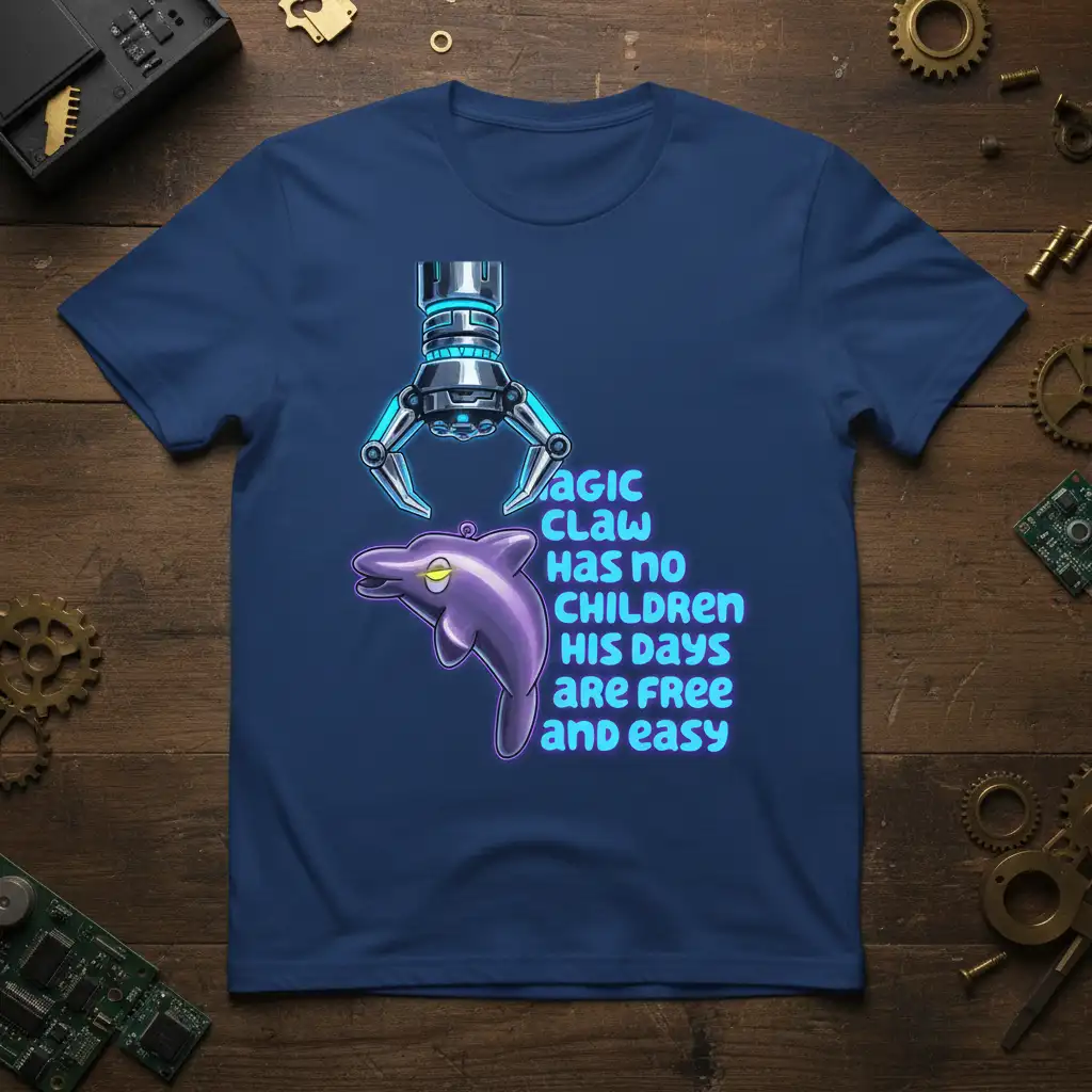 Magic Claw Has No Children His Days Are Free And Easy humorous quote with dolphin and claw graphic on t-shirt