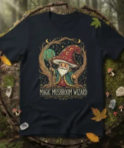 Magic Mushroom Wizard text and graphic of a gnome-like wizard with a mushroom hat and staff, set in a forest