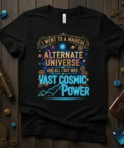 I Went to a Magical Alternate Universe and All I Got Was Vast Cosmic Power text on a black t-shirt