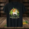 Magical Luck Adventure Awaits text on a t-shirt with a cat riding a unicorn, rainbow, and pot of gold