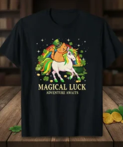 Magical Luck Adventure Awaits text on a t-shirt with a cat riding a unicorn, rainbow, and pot of gold