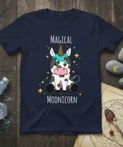 Magical Moonicorn text with a cute cartoon cow wearing a unicorn horn and ice cream cone hat, surrounded by stars
