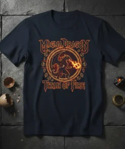 Magma Dragon Titan of Fire text and illustration on a dark t-shirt, featuring a dragon breathing fire within a circular