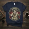 Maid of Horror text on a t-shirt featuring a skeleton woman in a maid outfit holding a cup, surrounded by