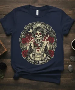 Maid of Horror text on a t-shirt featuring a skeleton woman in a maid outfit holding a cup, surrounded by
