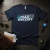 Mail Escort T-Shirt with futuristic blue and white text and an envelope icon