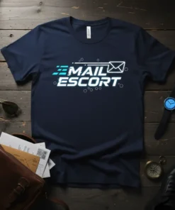 Mail Escort T-Shirt with futuristic blue and white text and an envelope icon