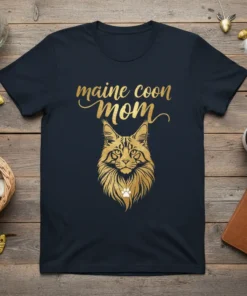Maine Coon Mom text with a golden illustration of a Maine Coon cat face and paw print on a navy