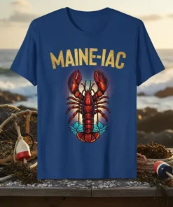 MAINE-IAC text above a detailed red lobster graphic on a blue t-shirt, representing Maine coastal pride