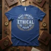 Make America Ethical Again t-shirt with vintage gear and laurel wreath design in white and gold text on a blue