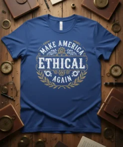 Make America Ethical Again t-shirt with vintage gear and laurel wreath design in white and gold text on a blue