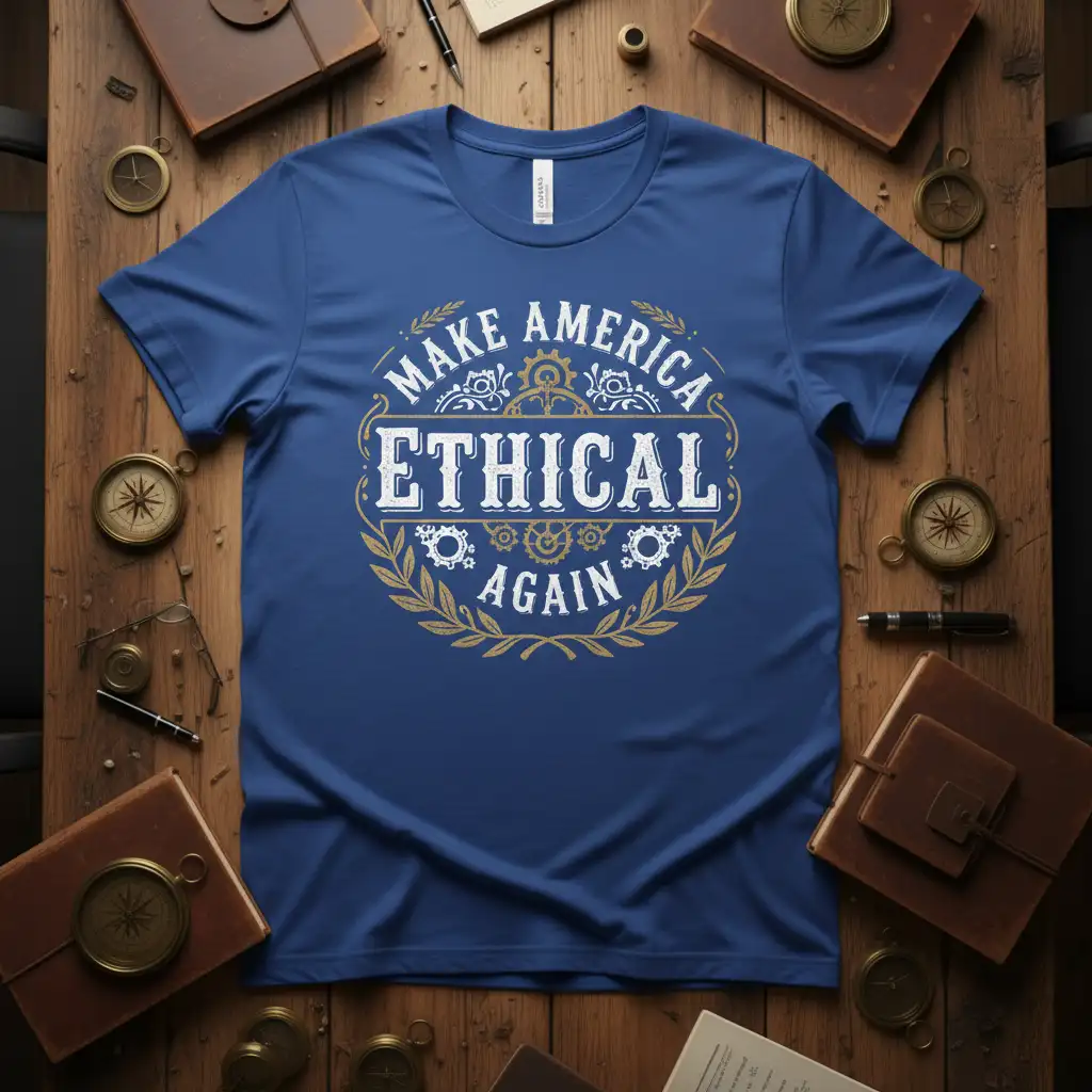 Make America Ethical Again quote design with gears and laurel wreath on a blue t-shirt