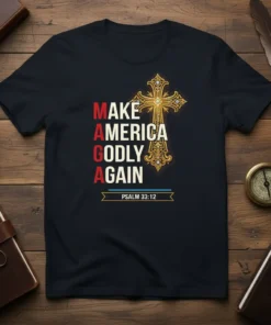 Make America Godly Again t-shirt design with a golden cross and Psalm 33:12 text
