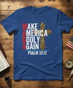 MAKE AMERICA GODLY AGAIN PSALM 33:12 t-shirt with ornate cross graphic and patriotic colors