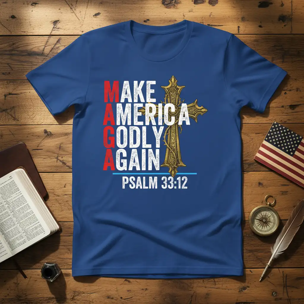 MAKE AMERICA GODLY AGAIN PSALM 33:12 text with ornate cross on patriotic themed shirt