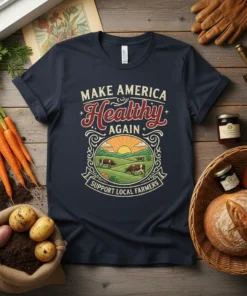 T-shirt with "Make America Healthy Again Support Local Farmers" text and a farm scene graphic featuring cows and a sunrise