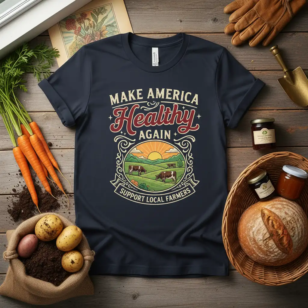 Make America Healthy Again Support Local Farmers text and farm graphic on a navy t-shirt