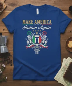 Make America Italian Again t-shirt with Italian crest, lions, and flag colors