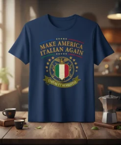 Make America Italian Again t-shirt with Italian flag crest and text Unit as Et Hereditas