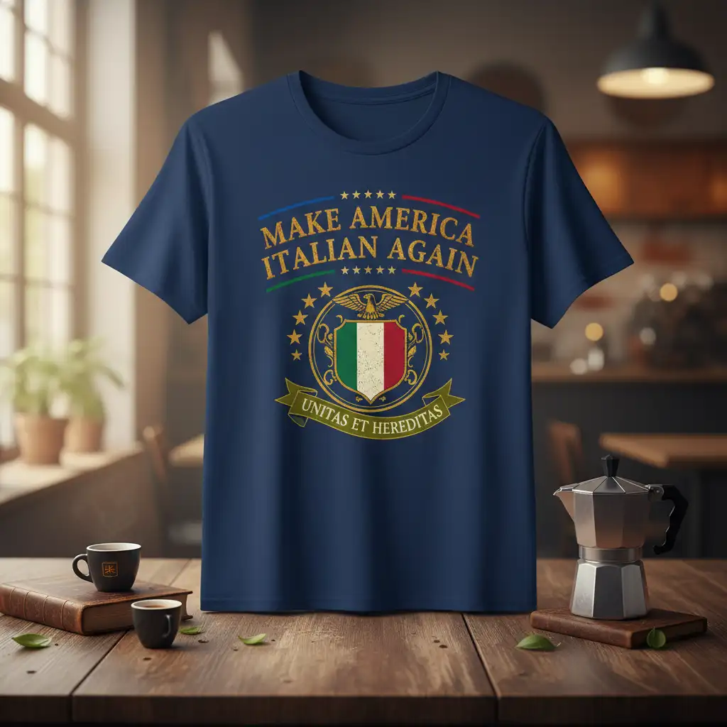 Make America Italian Again t-shirt design featuring Italian flag crest and Unit as Et Hereditas text