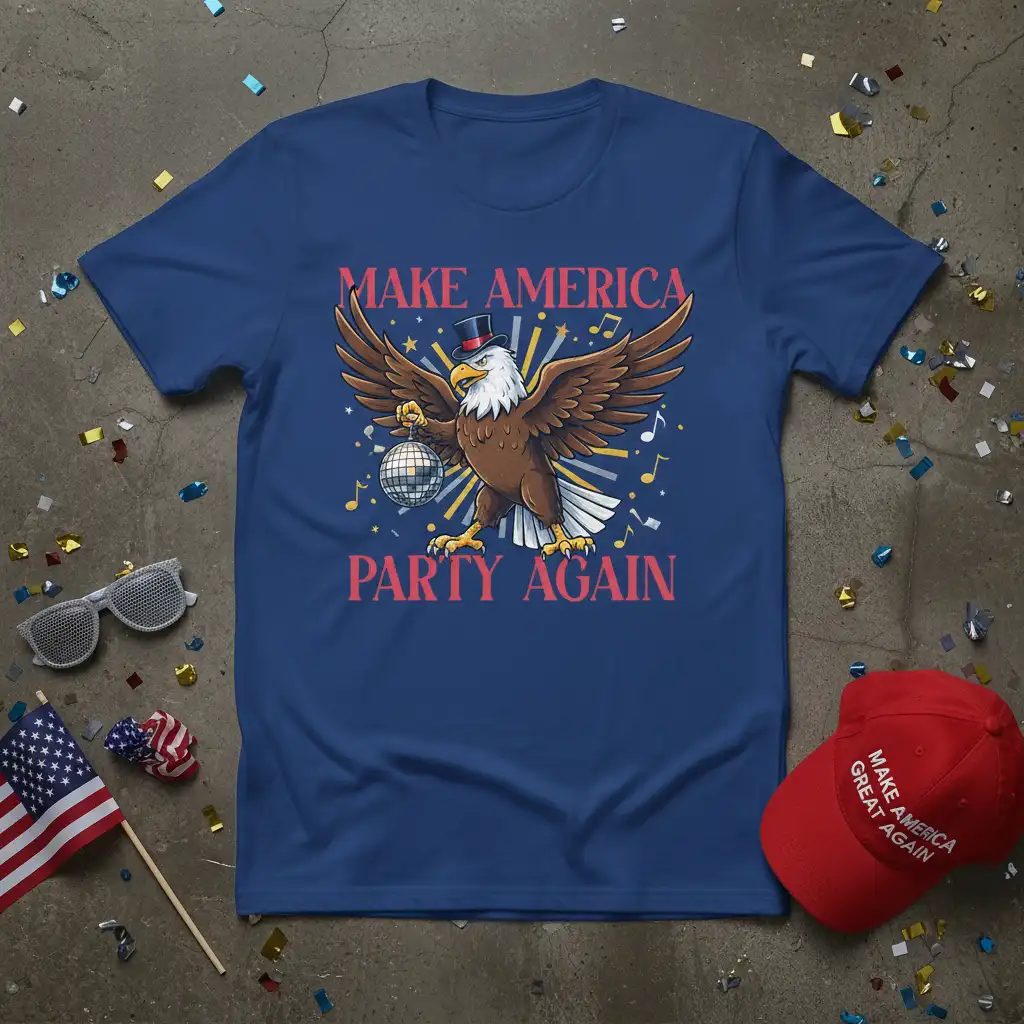 Make America Party Again patriotic eagle design with disco ball and music notes graphic