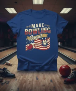 Make Bowling Great text with American flag, bowling ball, and pins graphic on a blue t-shirt