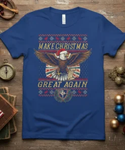 Make Christmas Great Again text with a patriotic eagle wearing a Santa hat on a blue t-shirt