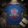 Make Coitus Not War t-shirt with atomic graphic, yellow and red text, dark blue shirt