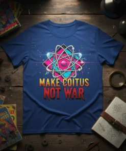Make Coitus Not War t-shirt with atomic graphic, yellow and red text, dark blue shirt