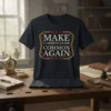 Make Common Sense Common Again quote on a navy blue t-shirt with red and gold border and stars