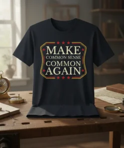 Make Common Sense Common Again quote on a navy blue t-shirt with red and gold border and stars