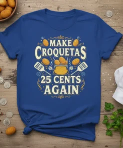 Make Croquetas 25 Cents Again text with retro graphics and croqueta illustrations on a blue t-shirt