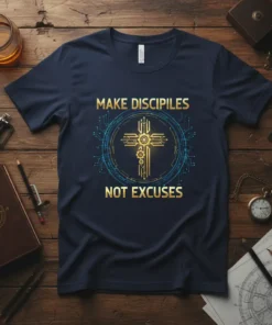 Make Disciples Not Excuses Christian T-Shirt with a golden cross and circuit board design