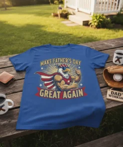 Make Father's Day Great Again patriotic eagle t-shirt with American flag cape and thumbs up, showing Dad appreciation