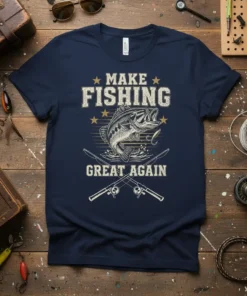 Make Fishing Great Again text with bass fish graphic and fishing rods on a navy t-shirt
