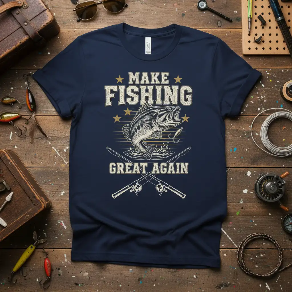 Make Fishing Great Again quote with bass fish and fishing rods design on a navy tee