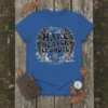 Make Heaven Crowded Christian t-shirt design with black distressed typography, angelic wings, chains, clouds, and a cross graphic