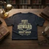Make Howard Great Again slogan with lion emblem t-shirt design, vintage style, gold lettering on dark shirt