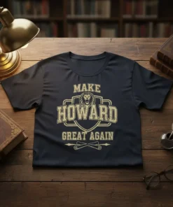 Make Howard Great Again slogan with lion emblem t-shirt design, vintage style, gold lettering on dark shirt
