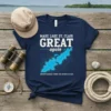 Navy blue t-shirt with "MAKE LAKE ST. CLAIR GREAT again" text and a blue map of Lake St. Clair with