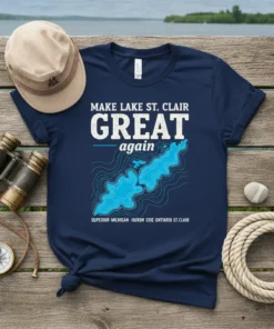 Navy blue t-shirt with "MAKE LAKE ST. CLAIR GREAT again" text and a blue map of Lake St. Clair with