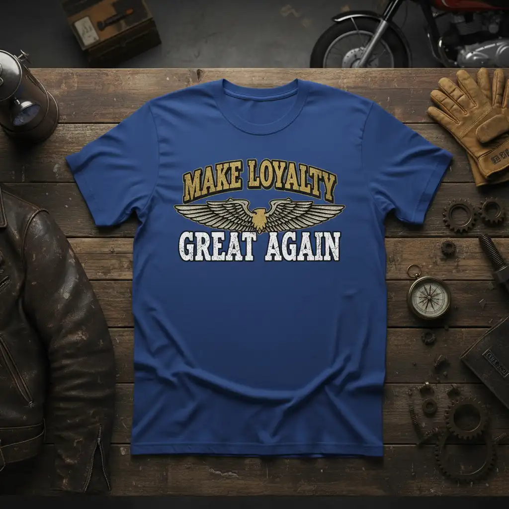 Make Loyalty Great Again slogan with eagle graphic on a blue t-shirt, vintage style