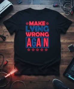 Black t-shirt with red and blue neon-style text reading "MAKE LYING WRONG AGAIN" and five stars above and below the