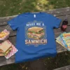 Make Me A Sammich t-shirt design featuring a detailed illustration of a stacked sandwich with bold typography