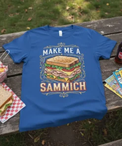 Make Me A Sammich t-shirt design featuring a detailed illustration of a stacked sandwich with bold typography