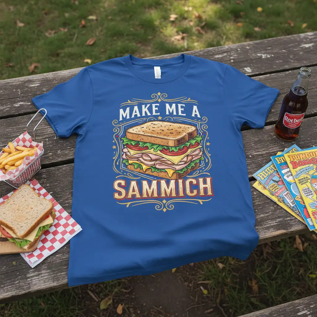 Make Me A Sammich quote tee with layered sandwich graphic, perfect for foodies and sandwich lovers