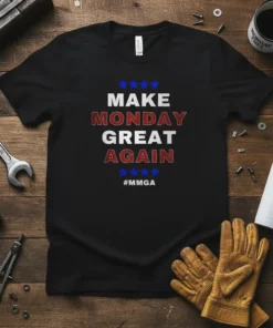 Black t-shirt with "MAKE MONDAY GREAT AGAIN #MMGA" text in red, white, and blue, featuring stars
